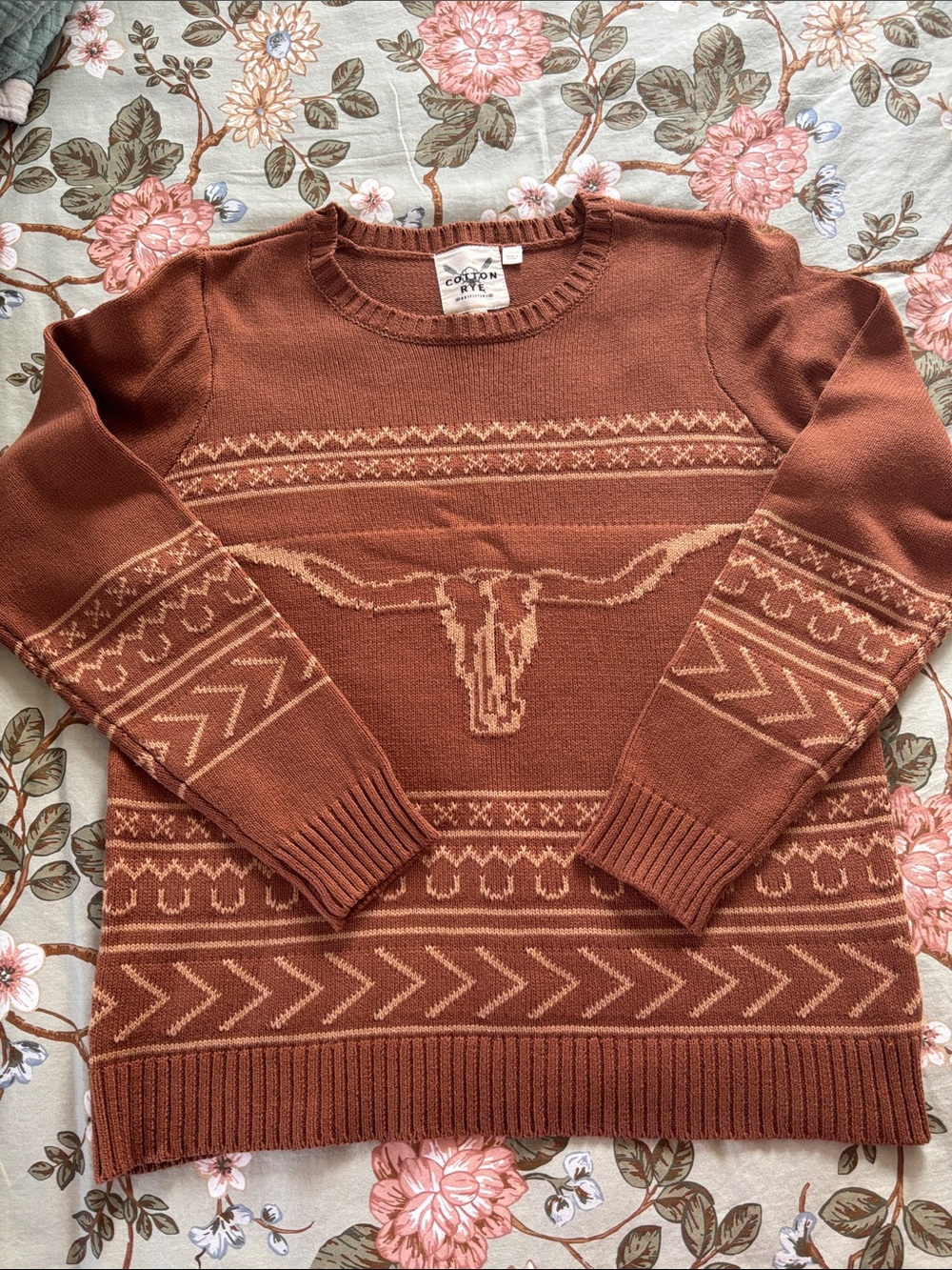 LIKE NEW Cotton Rye Women's Long Sleeve Steer Longhorn Knit Sweater Cinnamon